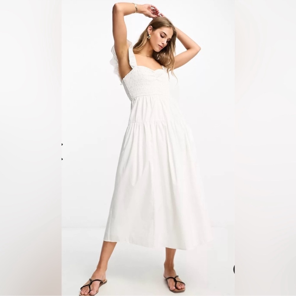 Abercrombie and Fitch White Ruffle Strap Smocked Poplin Midi Dress Costal Beachy - Picture 9 of 12